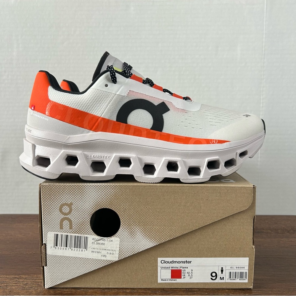 On Cloudmonster Men9/Women10.5 White/Orange
